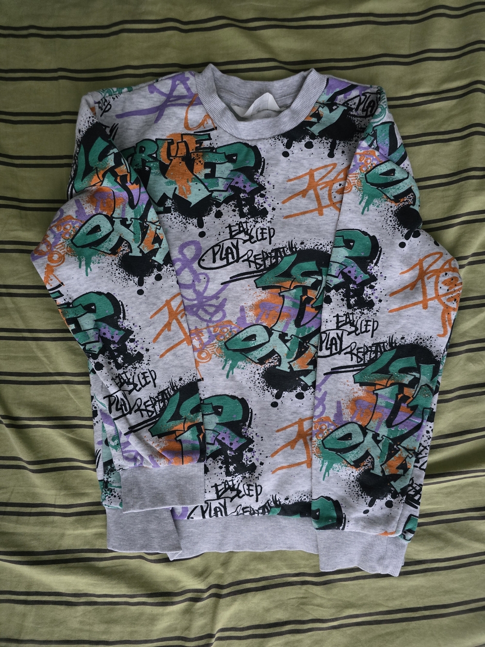 H&M Gray Graphic Graffiti Sweatshirt with Teal, Purple & Orange Accents